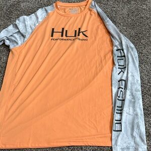 Huk Men's Orange and Gray Long Sleeve Fishing Tee
